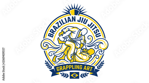 Schilderij op canvas Brazilian jiu jitsu grappling art circular emblem in blue and yellow