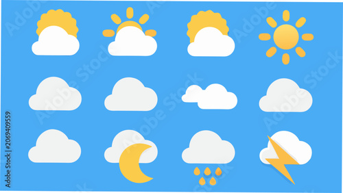 Colorful weather symbols including sun clouds moon rain and lightning flat vector illustration cloudscape cumulus