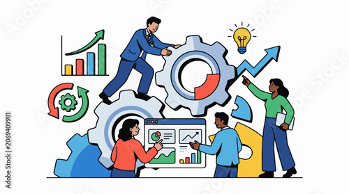A colorful illustration depicts four people collaborating around large gears and graphs