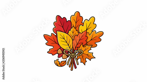 A colorful illustration of a bunch of fall leaves tied with a ribbon