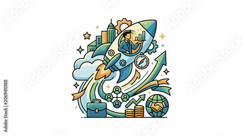 A colorful illustration of a businessman in a rocket surrounded by business and finance symbols