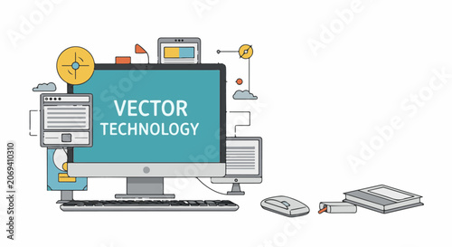 A colorful illustration of a computer with vector technology and peripherals