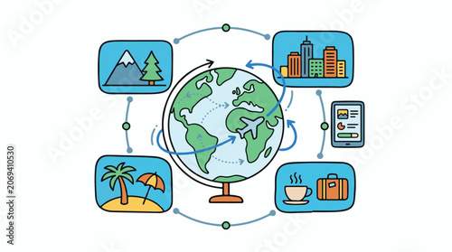 A colorful illustration of a globe surrounded by travel-related icons (3)