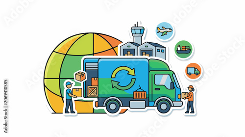A colorful illustration of a green and blue delivery truck with a circular logo, surrounded by a globe, airport, and workers handling boxes