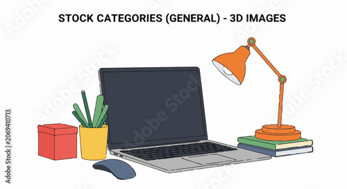 A colorful illustration of a laptop surrounded by office supplies and books