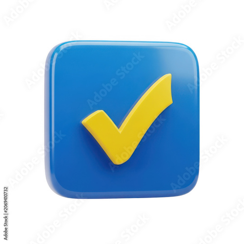 3d glossy blue square icon with a yellow check mark