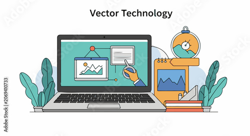 A colorful illustration of a laptop with a hand interacting with a graph on its screen