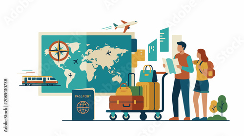 A colorful illustration of a man and woman with luggage and travel items