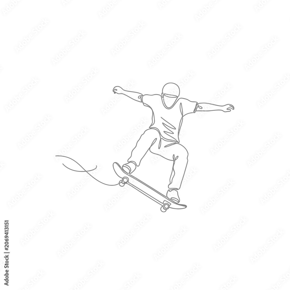Obraz premium Minimalist skateboarder jumping in mid-air swoosh vector