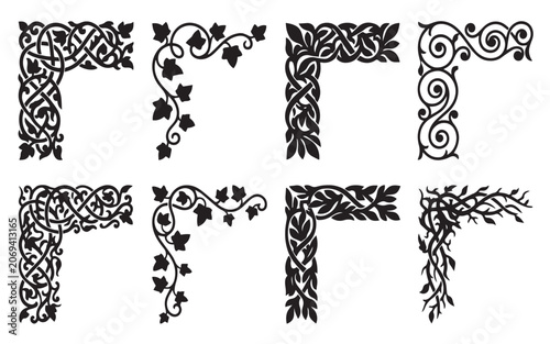 Vintage Celtic knots and ornate ivy leaf corner borders black vector silhouette icon set on white background