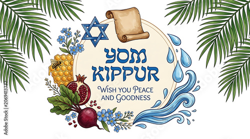 Yom Kippur greeting card with Star of David scroll honey pomegranate and water droplets isolated on transparent background