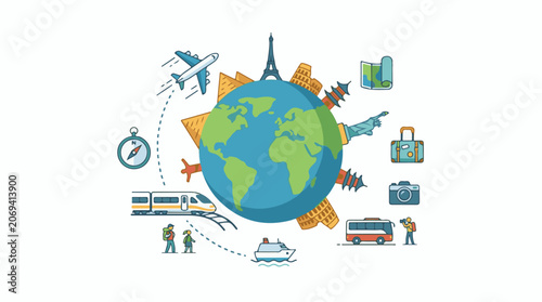 Colorful illustration of a globe surrounded by travel-related icons (1)