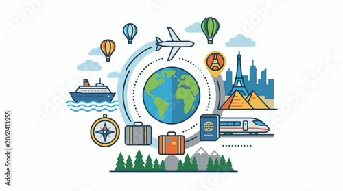 A stylized illustration of a globe surrounded by colorful travel-related icons