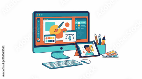 A computer and tablet with design software and art supplies
