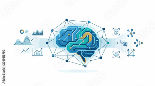 A stylized blue and yellow brain composed of circuit boards surrounded by various data analysis and network graphics