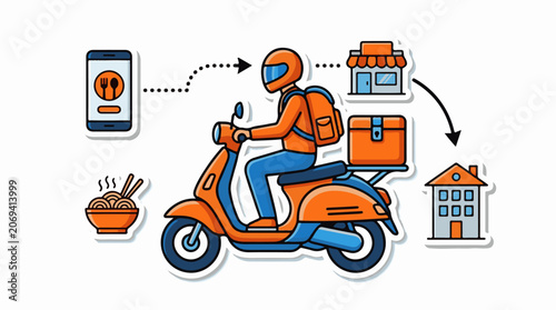 A food delivery person rides a scooter with a box