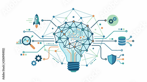 A stylized lightbulb with a network of lines and nodes surrounded by various icons