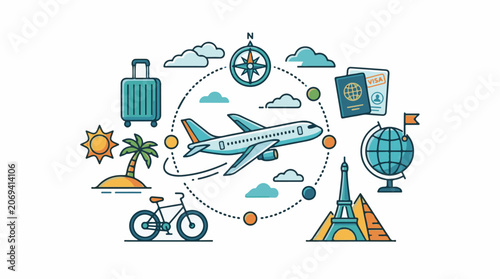 A travel-themed graphic with a plane landmarks and travel documents