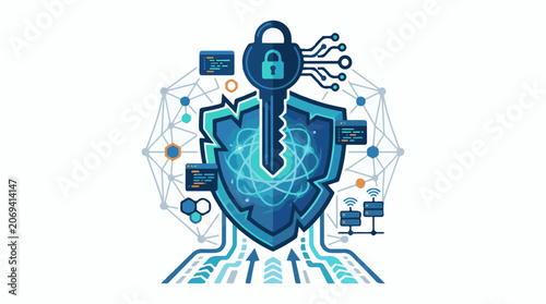 A blue shield with a keyhole and various digital connections