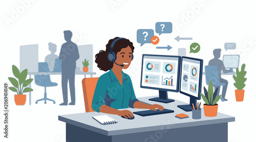 A woman wearing a headset sits at a desk with two computer monitors (1)