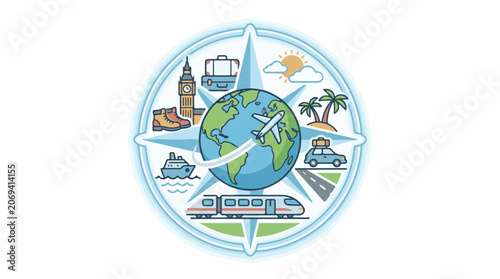 A stylized illustration of global travel with a globe surrounded by transportation icons