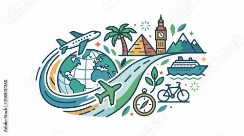 A colorful illustration depicting travel icons