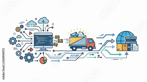 A colorful graphic depicting data flow and delivery process with a computer truck server and various symbols