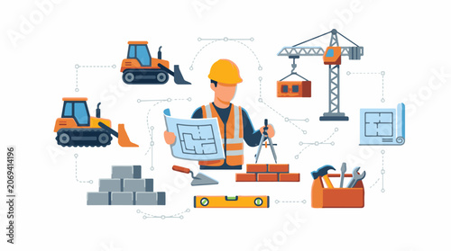 A construction worker in a yellow hard hat and orange vest examines blueprints surrounded by various construction equipm