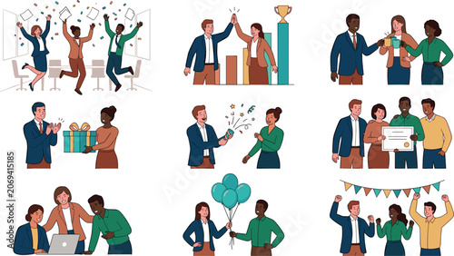 Diverse office employees celebrating corporate success, work anniversary, receiving rewards, giving gifts, popping confetti, and partying together flat vector illustration collection.