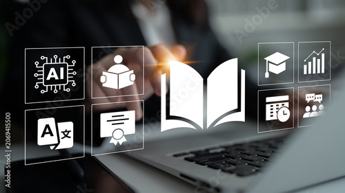 Konstfotografi This image showcases modern technology and digital education, featuring various icons related to AI, learning, and knowledge sharing on a laptop in a professional setting
