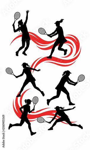 A vibrant silhouette of a girl playing tennis. The athlete delivers a powerful shot. Perfect for sports design.