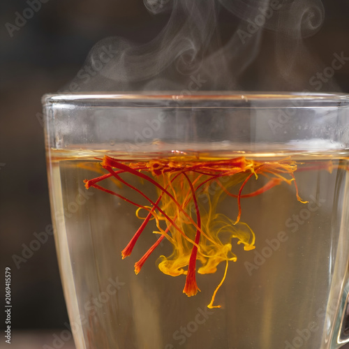 Saffron threads blooming in hot tea with rising steam macro close-up