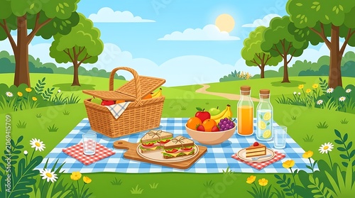 Outdoor Picnic Spread on Checkered Blanket in Sunny Meadow with Fresh Food and Drinks