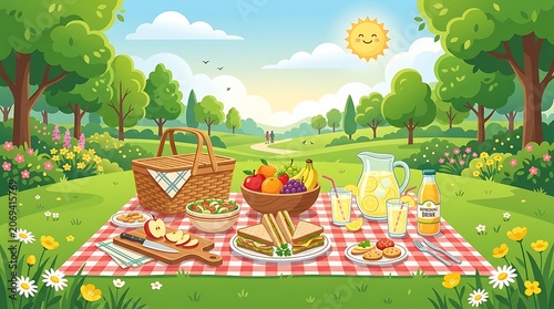Stylized Picnic Setup on Checkered Blanket in Sunny Park with Trees and Flowers