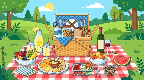 Outdoor Picnic Spread with Fresh Food and Drinks in Sunny Countryside Setting