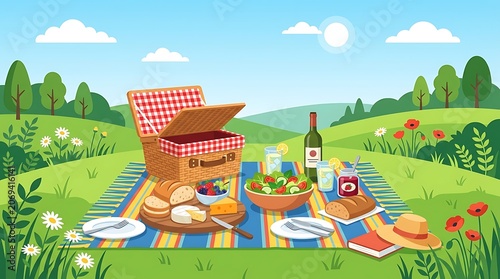 Family Relaxing on Checkered Blanket During Sunny Countryside Picnic with Food Basket