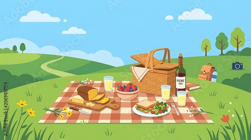 Family Picnic with Wicker Basket and Fresh Food on Checkered Blanket in Sunny Countryside