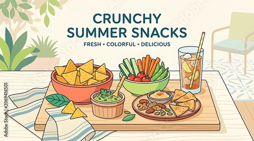 Colorful Summer Snacks Platter on Wooden Table with Fresh Crunchy Vegetables and Healthy Dips