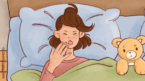 2D illustration. Close-up portrait of a cute kawaii girl yawning in bed next to a yellow plush teddy bear. Cozy hand-drawn morning routine, waking up in a comfortable bedroom. Pastel cartoon style.
