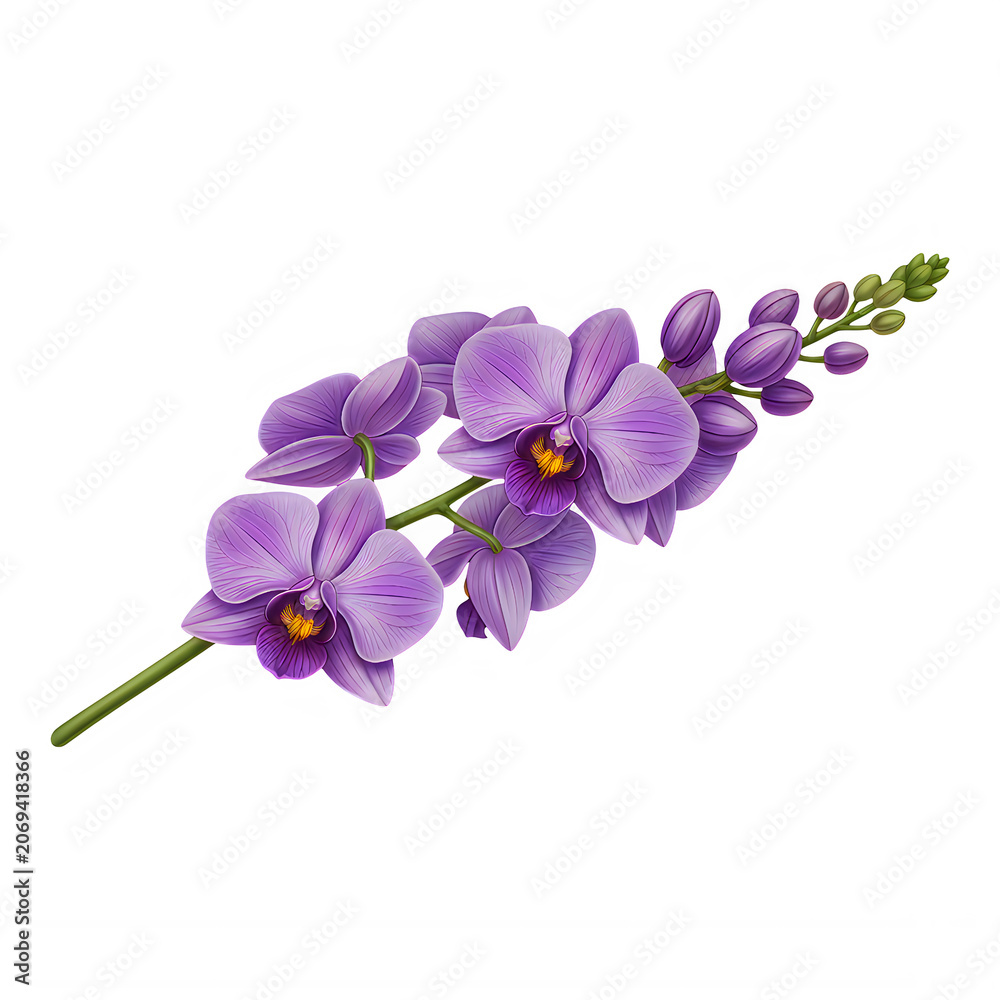 Obraz premium Stunning cluster of vibrant purple orchid flowers with delicate green stems and leaves, beautifully isolated on transparent background