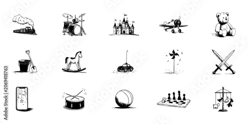 Children Toys And Activities Doodle Sketch Set. Playful And Imaginative Playtime Elements In Hand Drawn Style Collection. Vintage And Nostalgic Toy. Isolated Vector Illustration