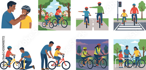 Canvastavla Flat vector illustration set of family bicycle safety lessons teaching children