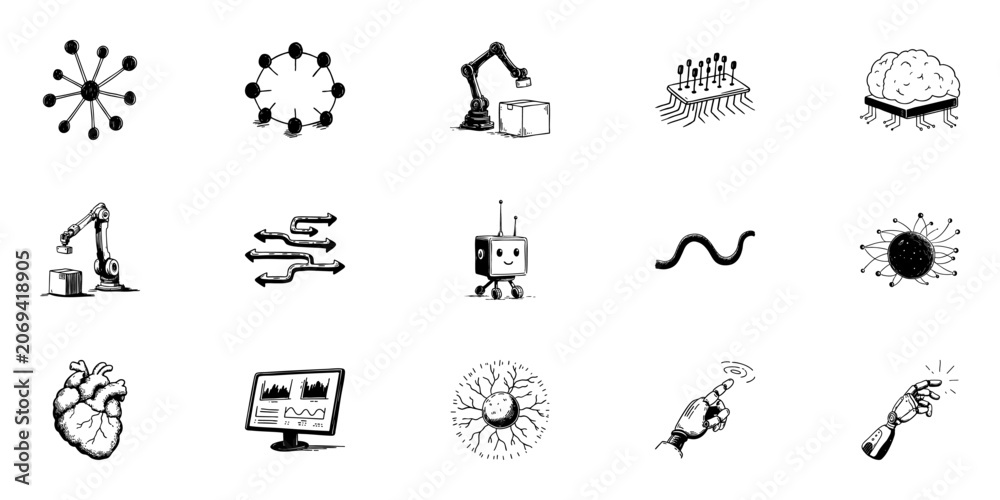 Fototapeta premium Network, Robotics, And Ai Doodle Sketch Set. Technological Innovation And Automation In Hand Drawn Style Collection. Neural Networks, Robotics, Data Visualization. Isolated Vector Illustration