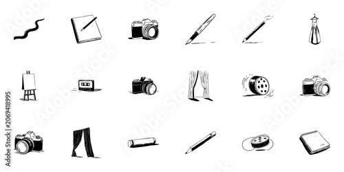 Assorted Creative Tools And Objects Doodle Sketch Set. Artistic Expression And Media Elements In Hand Drawn Style Collection. Cameras, Notebooks, Writing Instruments. Isolated Vector Illustration