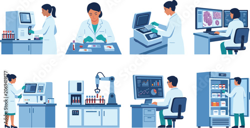 Foto Flat vector illustration set of laboratory scientists and technicians using auto