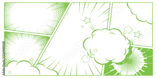 Quadro su tela Green and white pop art comic book layout with halftone texture, speech bubbles, and action lines vector illustration