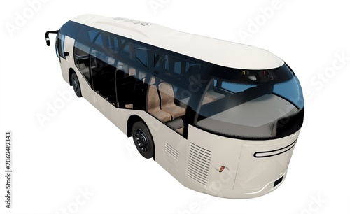 Modern white capsule bus for future city transport, generic futuristic autonomous shuttle vehicle isolated on white background