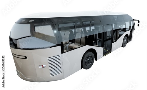 Modern white capsule bus for future city transport, generic futuristic autonomous shuttle vehicle isolated on white background