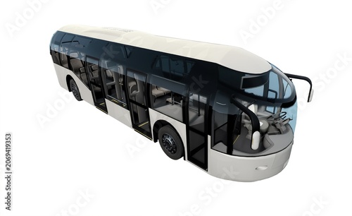 Modern white capsule bus for future city transport, generic futuristic autonomous shuttle vehicle isolated on white background