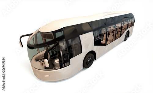 Modern white capsule bus for future city transport, generic futuristic autonomous shuttle vehicle isolated on white background